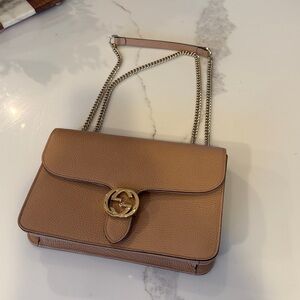 Gucci Leather Chain Crossbody Bag Tan